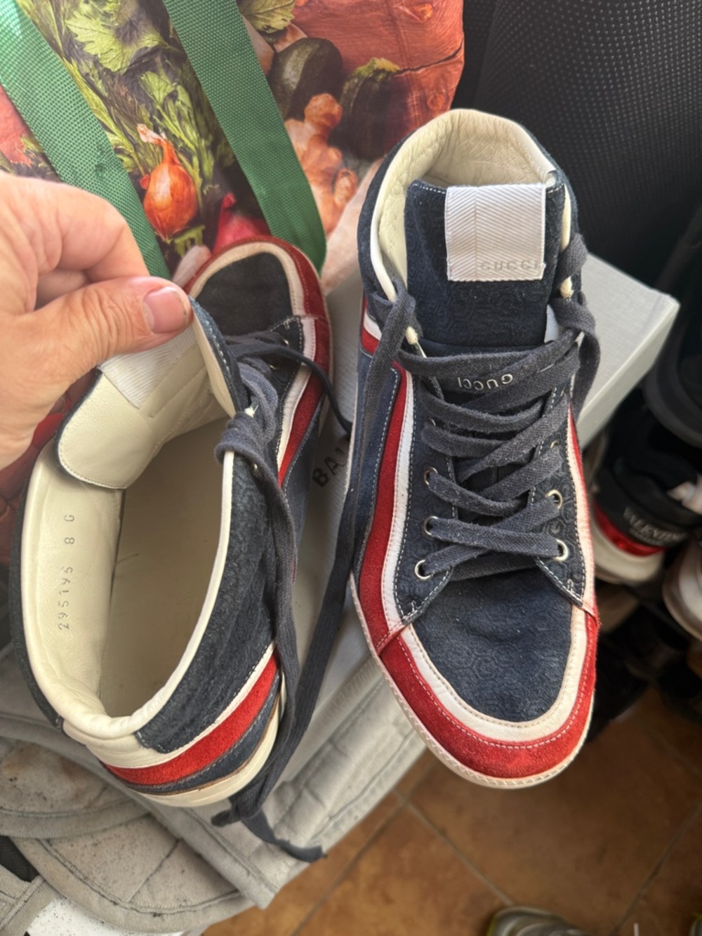 Gucci Men's Blue, Red & White High-Top Sneakers - Picture 3 of 9